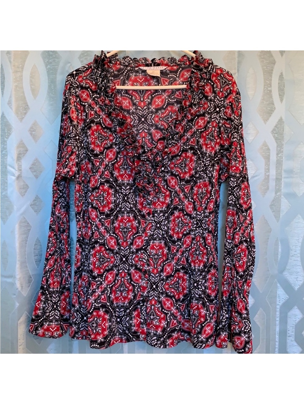 Fred David Black and Red Paisley Ruffle V-Neck Button Down Top